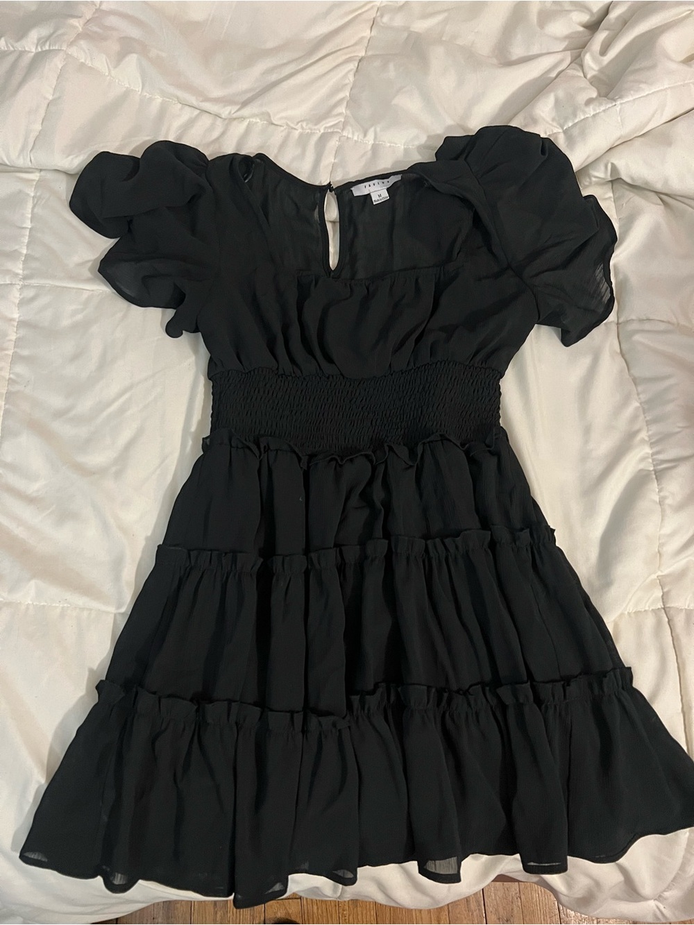 FAVLUX Black Ruffled Tiered Mini Dress with Smocked Waist
